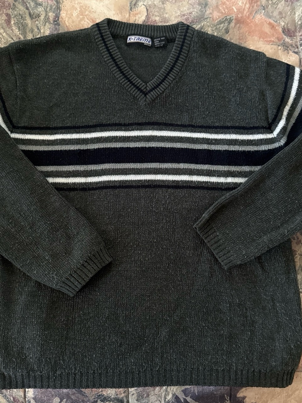 X-Treme Men's V-Neck Striped Knit Sweater - Charcoal